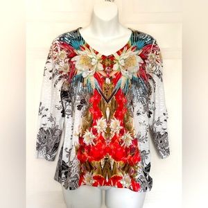 CHICO’S Colorful Floral Top with elbow 3/4 Sleeves